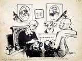 drawing of a man sitting on a couch with a cat in front of him