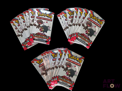 five packs of pokemon trading cards are shown on a black background