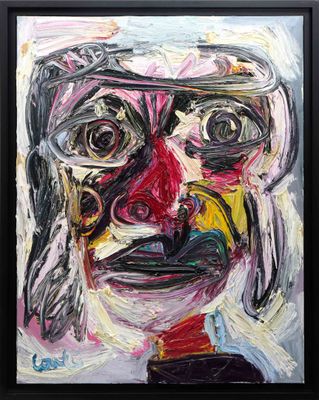 a painting of a man with glasses and a red tie