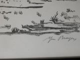a black and white drawing of a landscape with trees and bushes