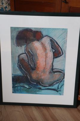 painting of a nude woman sitting on a bed in a room