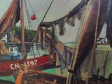 a painting of a painting of boats on the water