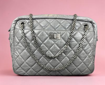 chanel grey quilted leather tote bag with chain handles
