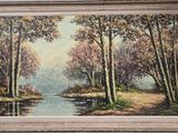 an oil painting of a river in a wooded area with trees