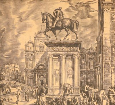 un dessin représentant une statue d'un homme à cheval au milieu d'une rue