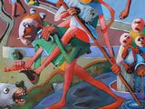 a painting of a group of people in the water