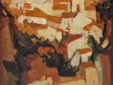an oil painting of a view of a town from a hill