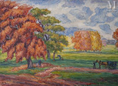 a painting of a horse drawn carriage in a field