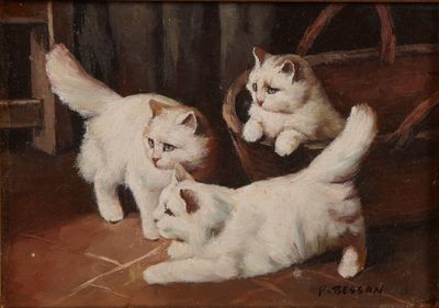 tableau représentant trois chats dans un panier posé sur une table, à côté d'une chaise en bois