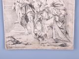 drawing of a man kneeling down next to a woman and a dog