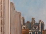 an oil painting of a view of a city from a window