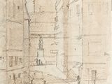 drawing of a street scene with buildings and a boat in the water