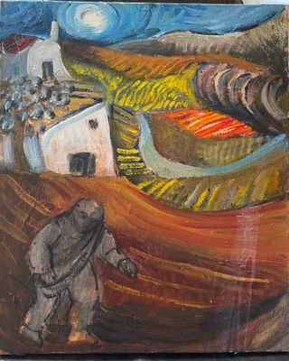 un tableau représentant un homme marchant dans un champ
