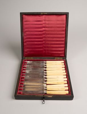 six couteaux dans un étui noir doublé de rouge