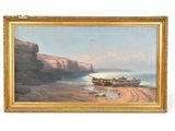une peinture à l'huile représentant un bateau sur une plage près d'une falaise