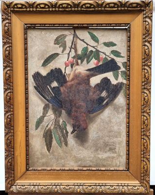 painting of a bird on a branch with leaves and berries
