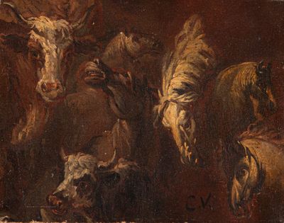 un tableau représentant un groupe d'animaux dans une pièce sombre