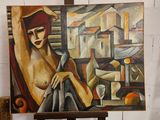 un tableau représentant une femme assise sur une chaise devant un tableau