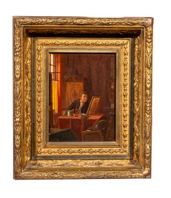 un vieux tableau représentant un homme assis à une table avec un chat