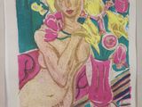 painting of a woman sitting on a couch with flowers in a vase