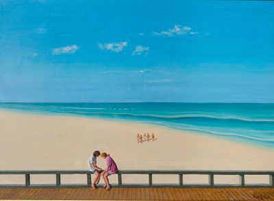 un tableau représentant deux personnes assises sur un banc à la plage