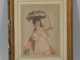 tableau représentant une femme avec un panier de fleurs sur la tête
