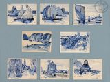 sketches of boats on the water in a blue and white frame