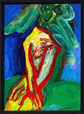 une peinture abstraite représentant un homme vêtu d'une chemise jaune et d'une écharpe rouge