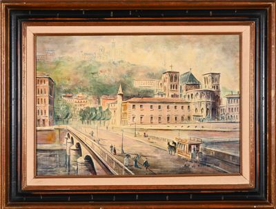 painting of a train station in a city with a clock tower in the background
