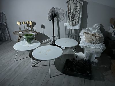 a room with a lot of furniture and a fan in it