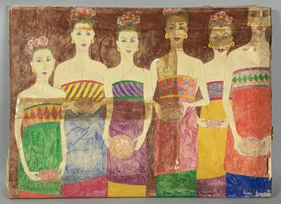 a painting of a group of women in colorful dresses