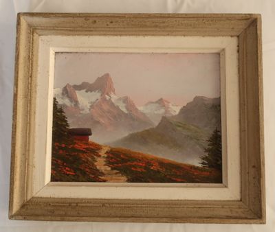 tableau représentant un paysage de montagne avec une cabane rouge au premier plan