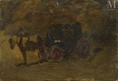 painting of a horse drawn carriage with a horse drawn carriage in the background