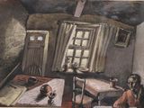a painting of a woman sitting at a table in a room