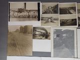 several old black and white photos of a train station and a river