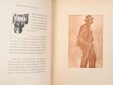 an open book with a drawing of a man in a hat
