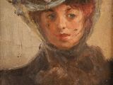 an oil painting of a woman wearing a hat and a fur coat