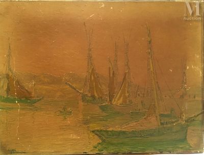 tableau représentant des bateaux sur l'eau, avec une montagne en arrière-plan