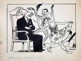drawing of a cartoon of a man and a woman sitting on a chair