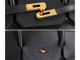 a close up of two photos of a black bag with gold hardware