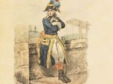 an old drawing of a man in a military uniform standing next to a building