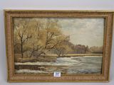 une peinture d'une rivière avec des arbres en arrière-plan