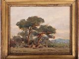 un tableau représentant des arbres dans un champ, avec le ciel en arrière-plan