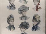 an old book with a bunch of women ' s hats on top of it