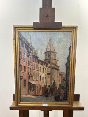 painting of a street scene with a church steeple in the background