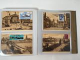 three old postcards with pictures of a city and a train