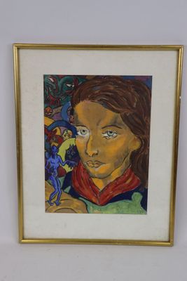 tableau représentant une femme avec un oiseau sur l'épaule, dans un cadre doré