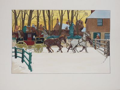 un tableau représentant une calèche tirée par deux hommes