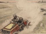 drawing of two men driving a red truck on a dirt road