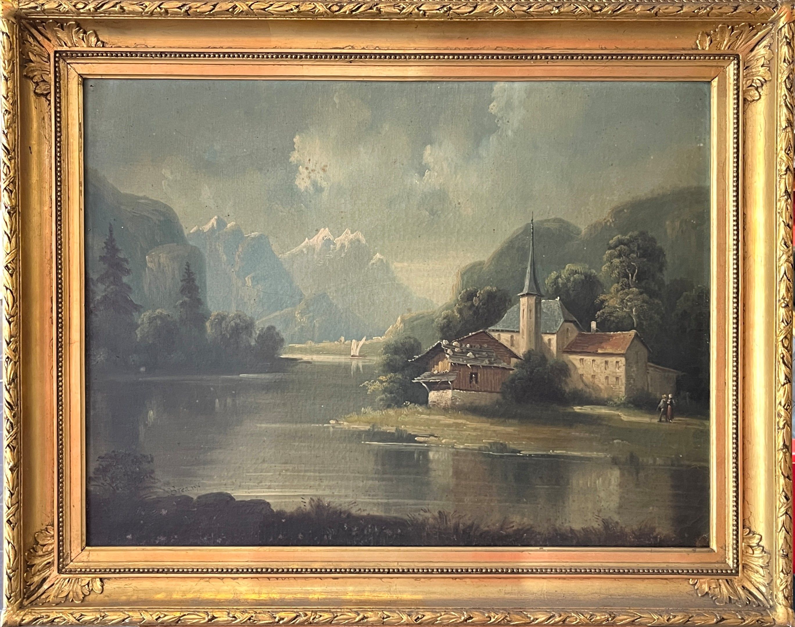 BREA (XIXe siècle). Paysage de montagnes au clocher. Huile sur toile. Signé en bas à gauche et daté 1874. 50 x 65 cm....
